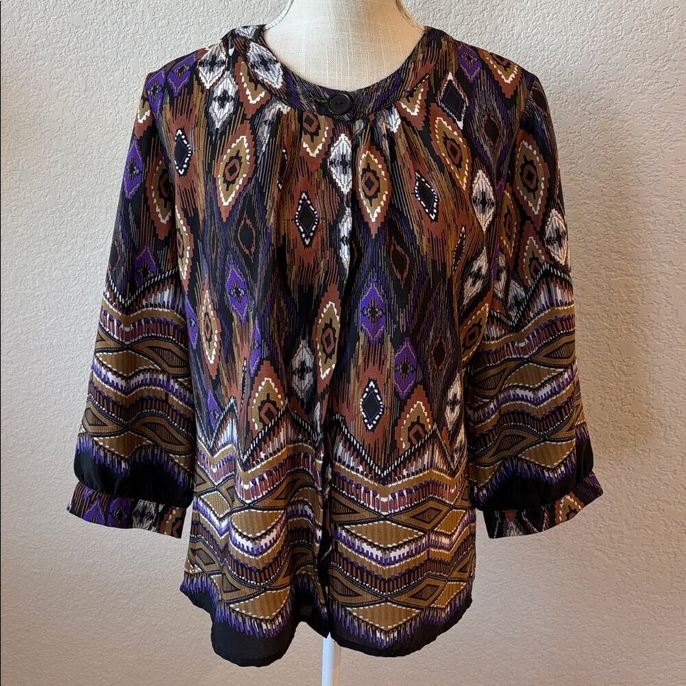 Apparenza Geometric Peacock Brown Bohemian Flowy Blouse Top Casual Travel - M